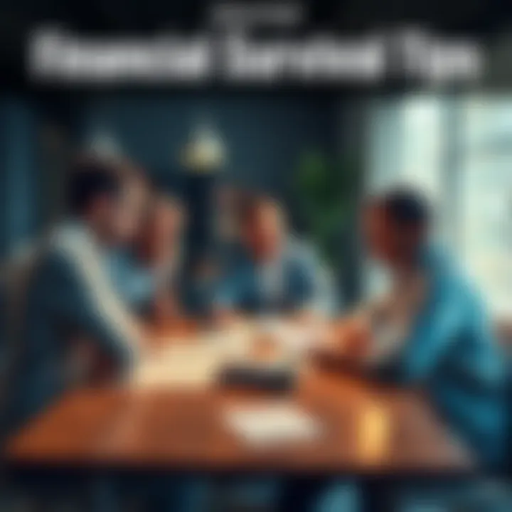 A group of people discussing financial strategies around a table with papers and a calculator