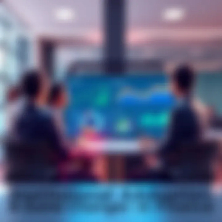 A group of professionals discussing financial technology in a modern office setting, showing charts and graphs on a screen