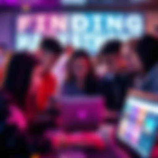 A group of students brainstorming ideas with laptops at a hackathon event