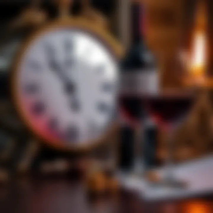 A glass of fine wine next to a clock and paperwork symbolizing stressful investments.