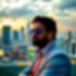 A professional looking for a fintech hackathon judge role, with a backdrop of Chennai's skyline.