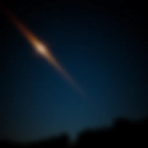 A bright fireball meteorite streaks across a dark night sky, illuminating the surroundings with its glow.
