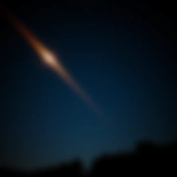 A bright fireball meteorite streaks across a dark night sky, illuminating the surroundings with its glow.