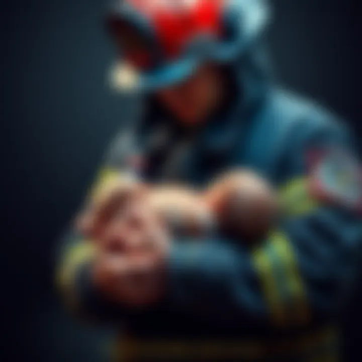 A firefighter in uniform gently cradles his newborn son, showcasing the balance between his career and fatherhood.