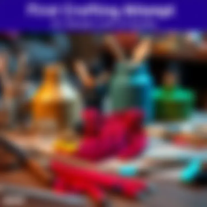 A table with crafting supplies and a handmade item showing various colors and textures