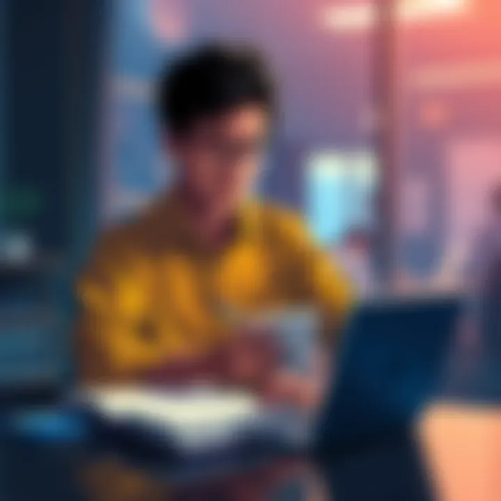 A person sitting at a desk, pondering ways to adjust to a day without in-app purchases, with a notebook and pen in hand