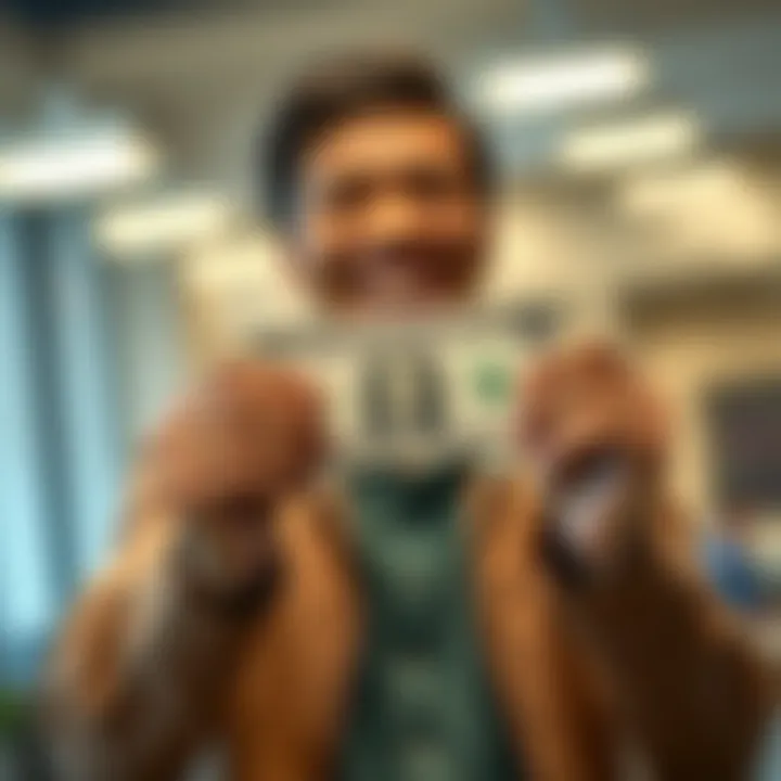 A person proudly holding their first dollar earned in business, smiling with excitement.