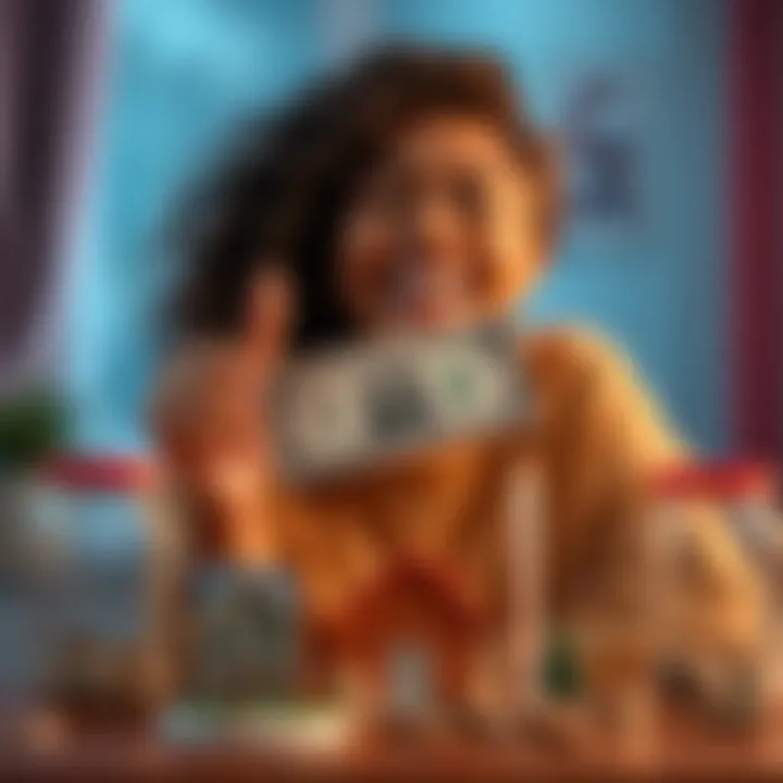 Celebrating First Dollar in Rent Earnings A person joyfully holding a dollar bill, surrounded by savings jars and a house model, symbolizing real estate dreams.