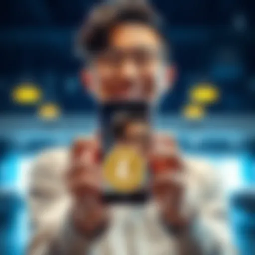 A young person holding a smartphone displaying a Litecoin wallet, smiling with excitement after buying their first litecoin.