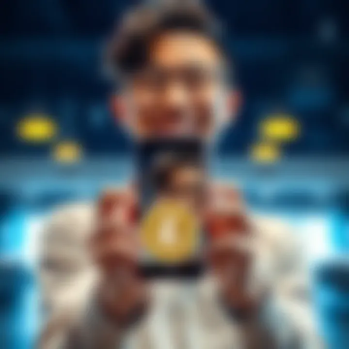 A young person holding a smartphone displaying a Litecoin wallet, smiling with excitement after buying their first litecoin.