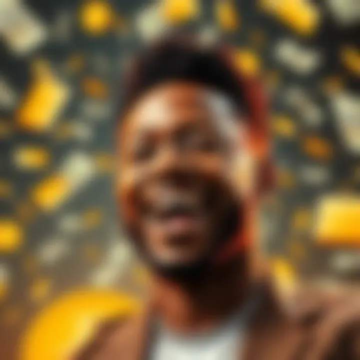 An African American man celebrating success with a backdrop of Dogecoin symbols and dollar bills.