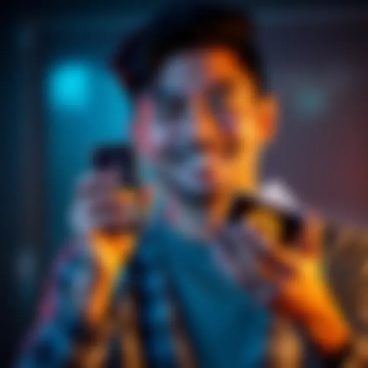 A person smiling while holding a smartphone displaying a Bitcoin wallet app and a cold wallet in the other hand