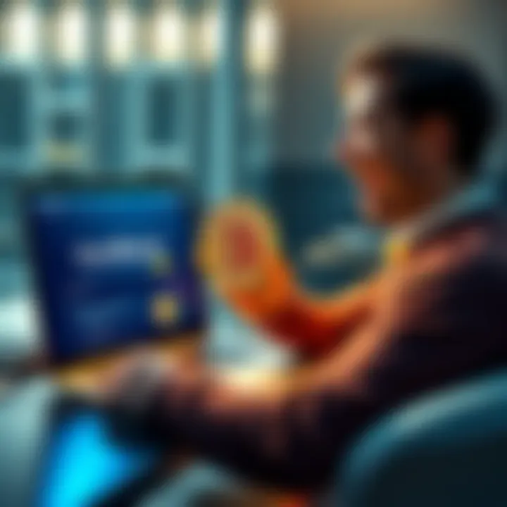 First Bitcoin Purchase A person excitedly making a Bitcoin purchase on a laptop, showing a digital wallet interface with Bitcoin symbols