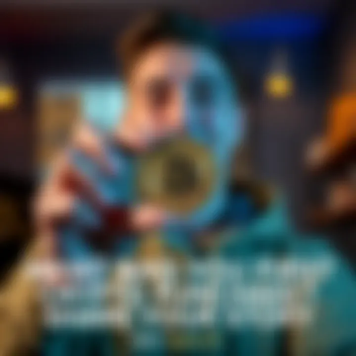 A person holding a Bitcoin and Ethereum coin, with excited expression, symbolizing their first cryptocurrency purchase
