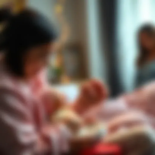 A new parent joyfully feeding their baby named Peach for the first time, showcasing a cozy and loving atmosphere