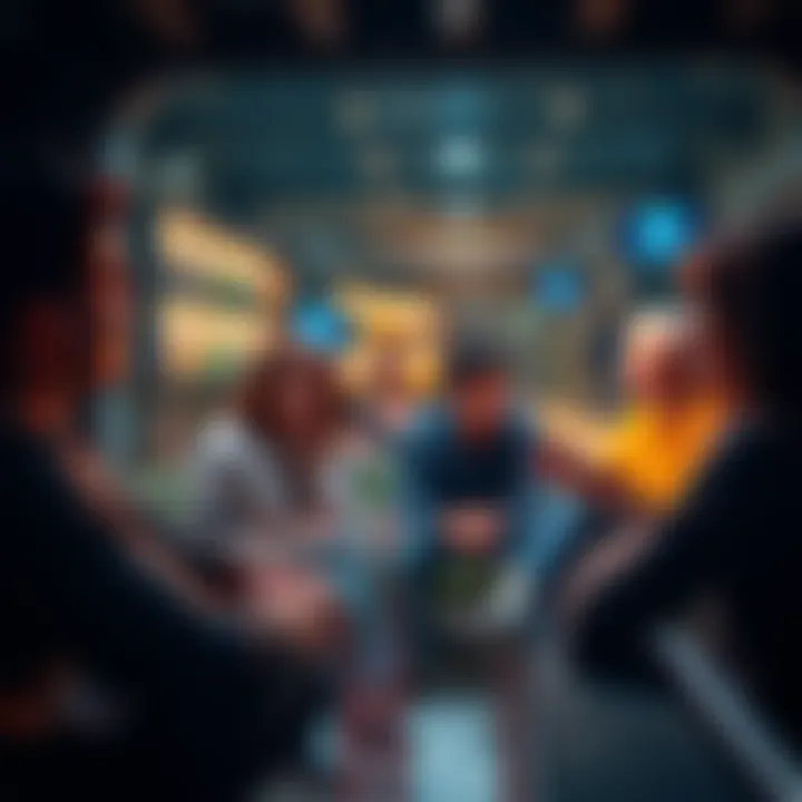 A group of people discussing their first investment choices like stocks, ETFs, and crypto in a casual setting.