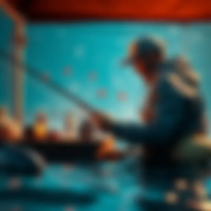 A player engaged in a fishing minigame, focusing on catching fish while surrounded by water and fishing gear.