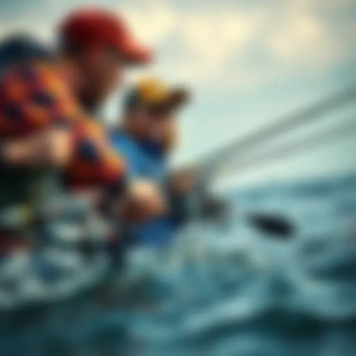 Two competitors battling in a fishing contest, casting lines into the water with focused expressions.