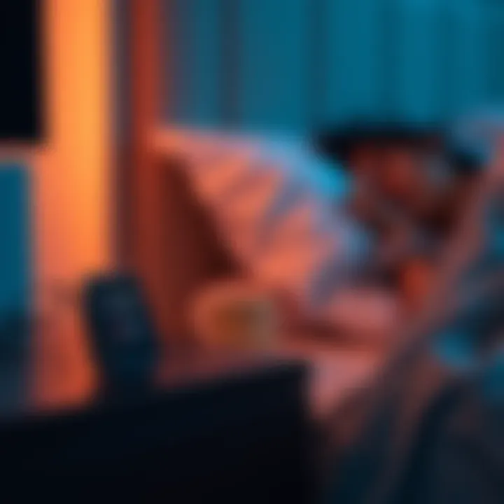 Fitbit on a nightstand monitoring sleep A Fitbit device placed on a nightstand next to a sleeping person, showing sleep tracking features on the screen.