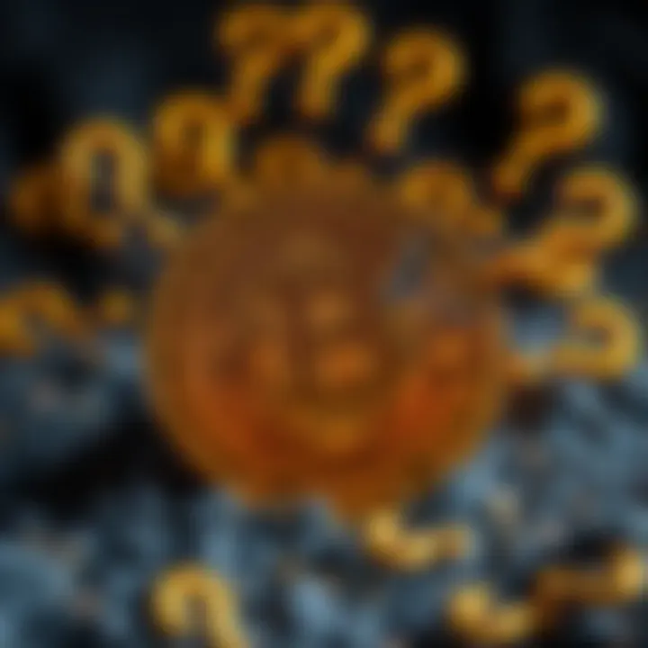 A broken Bitcoin symbol surrounded by question marks, symbolizing doubts about cryptocurrency.