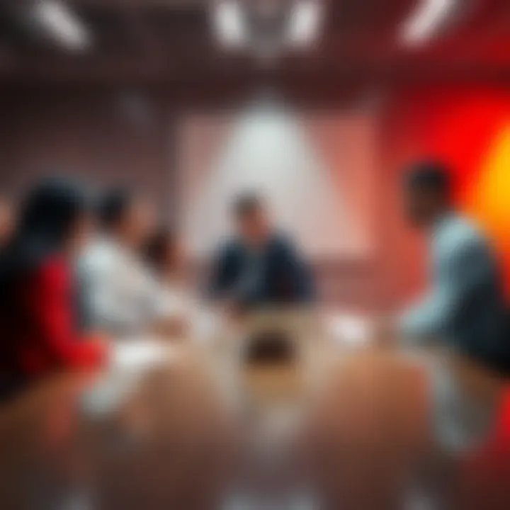 A group of professionals discussing strategies in a meeting room, reflecting a need for action and updates.