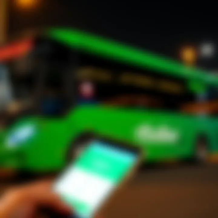 FlixBus and Revolut Partnership A FlixBus vehicle parked with a smartphone displaying the Revolut Pay app, showcasing the ticket buying process, emphasizing convenience and speed.