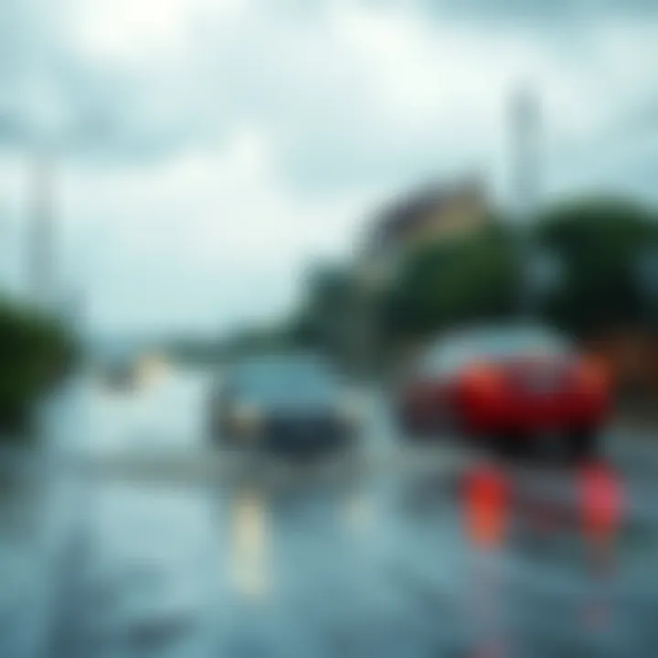 A road covered in water due to heavy rainfall, with cars struggling to pass through.