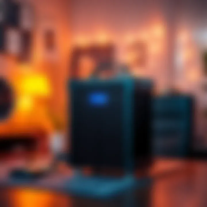 A Fluminer T3 mining device set up in a home environment, showcasing its sleek design and compact size, with a focus on quiet operation and solar power integration.