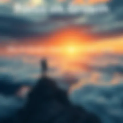 A person standing confidently on a mountain peak, looking out at a horizon filled with clouds, symbolizing personal growth and ambition.