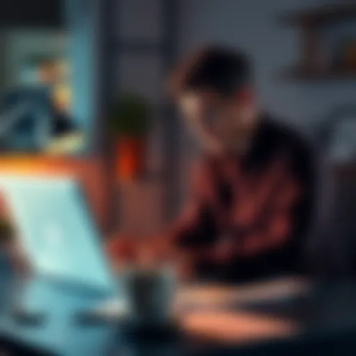 A person sitting at a desk, concentrating on a laptop while surrounded by notes and a coffee cup.