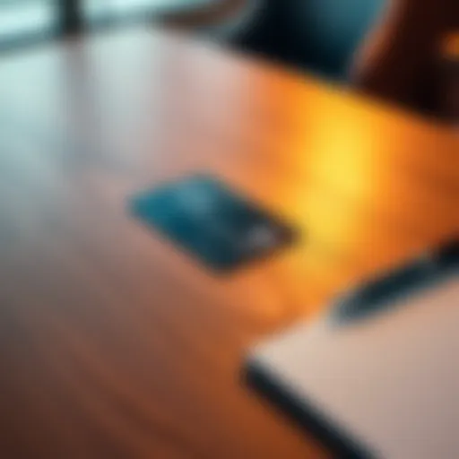 A Fold Credit Card lying on a wooden table with a notepad and pen nearby, suggesting financial planning.