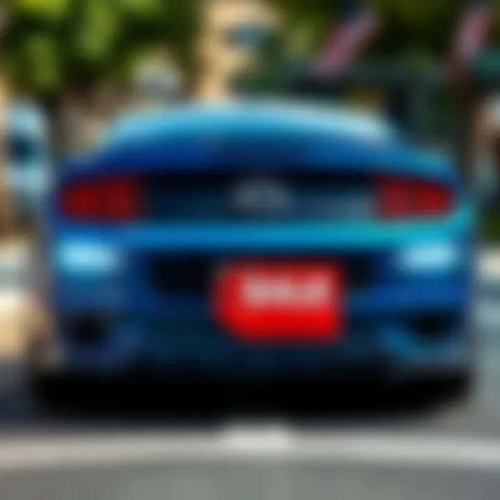 Ford Mustang for Sale A vibrant blue Ford Mustang parked on a street with a price tag displayed, reflecting market trends of rising prices after a sale.