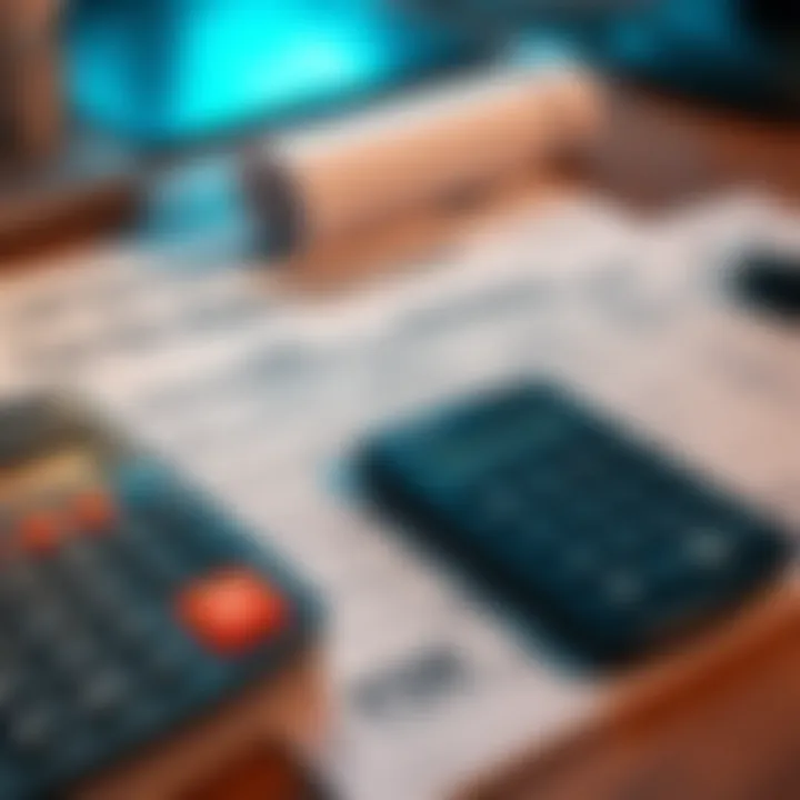 A close-up of tax forms for reporting cryptocurrency income and gains with a calculator and TurboTax software on a desk.