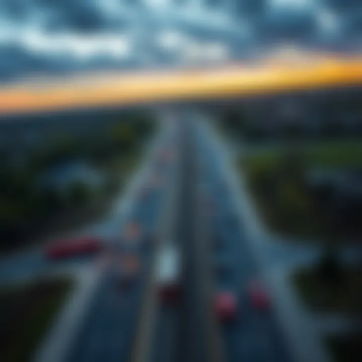 Aerial view of commuters traveling from Fort Belvoir to Woodbridge, showing busy roads and housing areas.