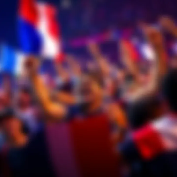 A joyful gathering of fans celebrating France's victory in a betting match against Paraguay, with smiles and flags waving.