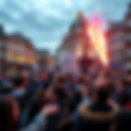 Crowd of people joyfully celebrating a historic event in a city square in France.