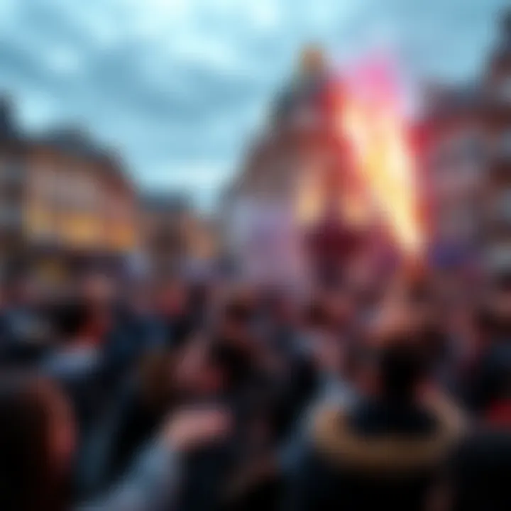 People celebrating in France Crowd of people joyfully celebrating a historic event in a city square in France.