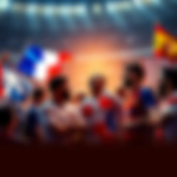 France vs Spain Match Preview Fans excitedly discussing the semi-final match between France and Spain, with flags and jerseys representing both teams