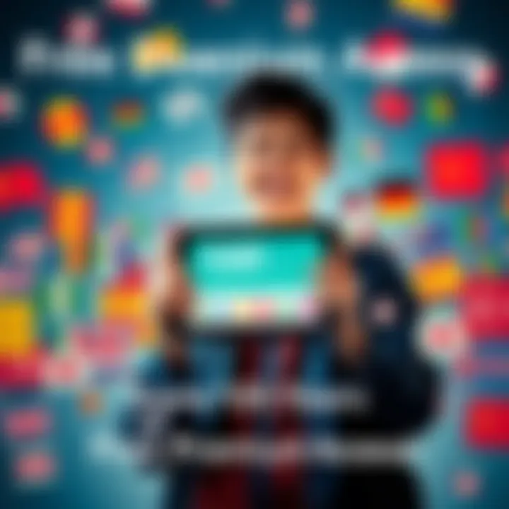 A joyful person with a tablet celebrating the offer of 100 years of free Duolingo Premium access, surrounded by language icons and flags from around the world.