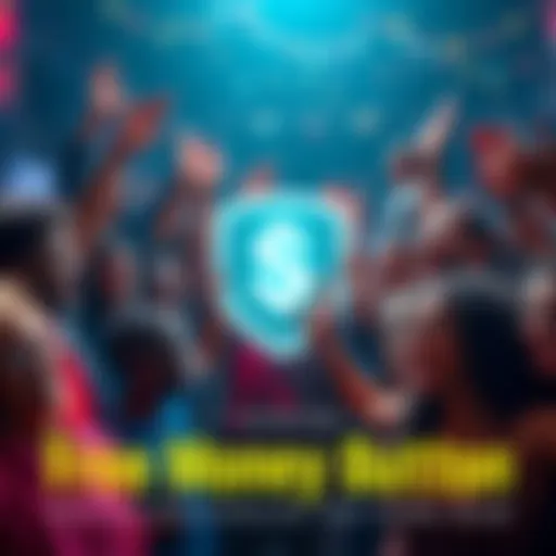 A diverse group of people celebrating financial freedom with a glowing money button in the center