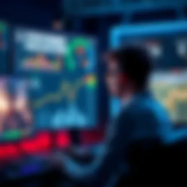 A person sitting in front of a computer, focused on a game, with charts and progress displayed on the screen, symbolizing their gaming journey and challenges without spending money.