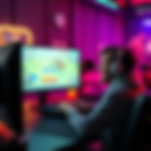 A player sitting at a computer with game graphics on the screen, looking excited about earning rewards and watching ads.