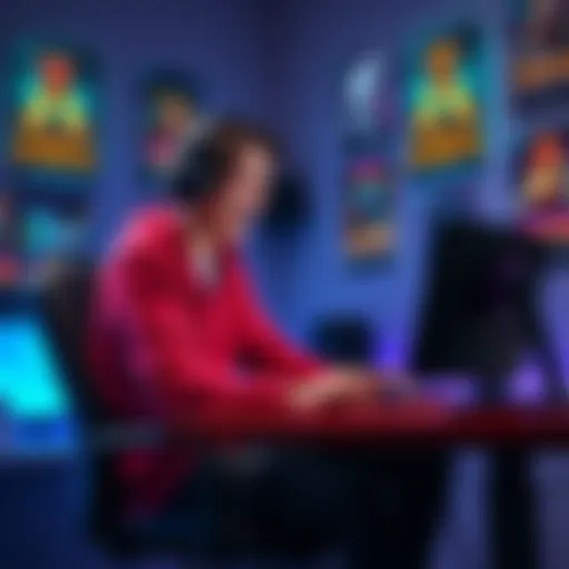 A gamer sitting at a desk with a laptop, looking excited while playing a game, with posters of events and rewards in the background.