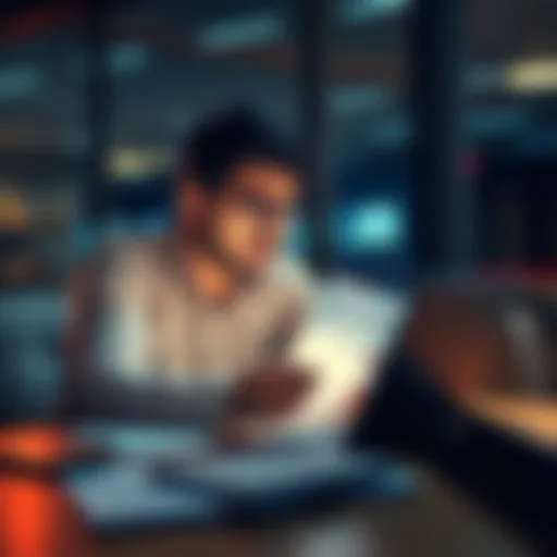 A freelance translator looking confused while examining an invoice for USDT payment, with a laptop and documents on the table.