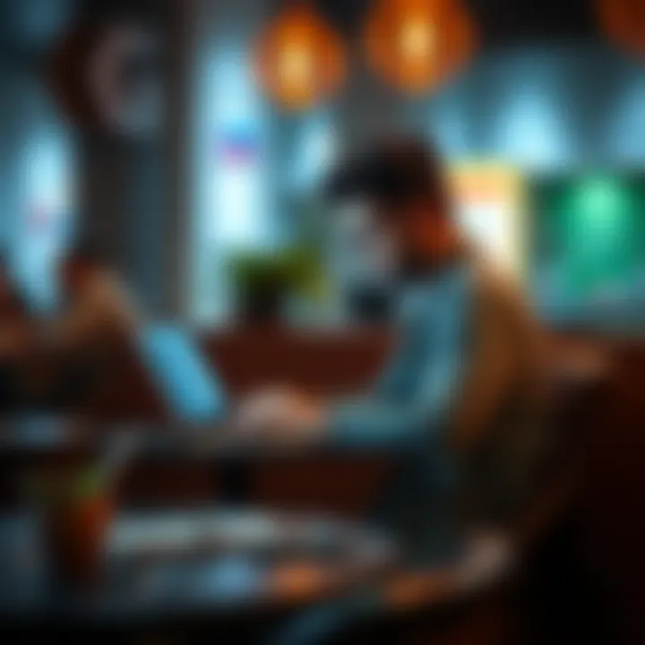 A freelancer focused on their laptop at a cafe table, balancing high income and work stability.