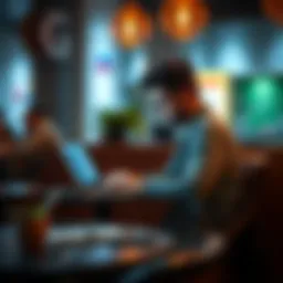 Freelancer working on a laptop in a cafe A freelancer focused on their laptop at a cafe table, balancing high income and work stability.