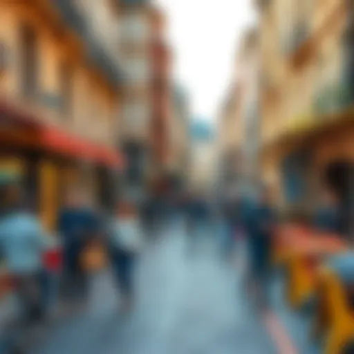People engaging in various activities on a busy street in France with cafes and shops in the background.