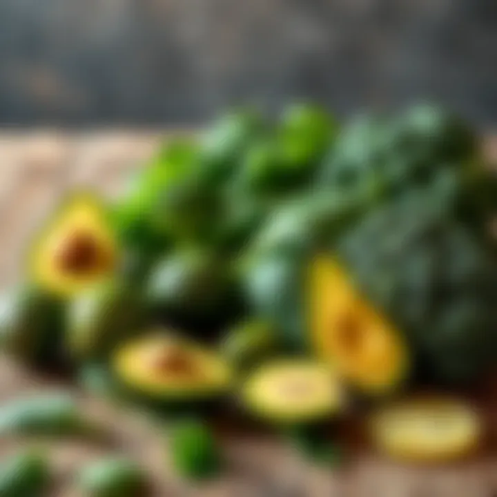 A variety of green foods including avocados, spinach, and broccoli arranged on a wooden table