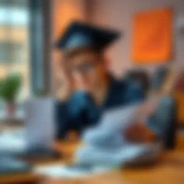 A young graduate sits at a desk, looking stressed while reviewing bills and financial papers, symbolizing money management struggles.