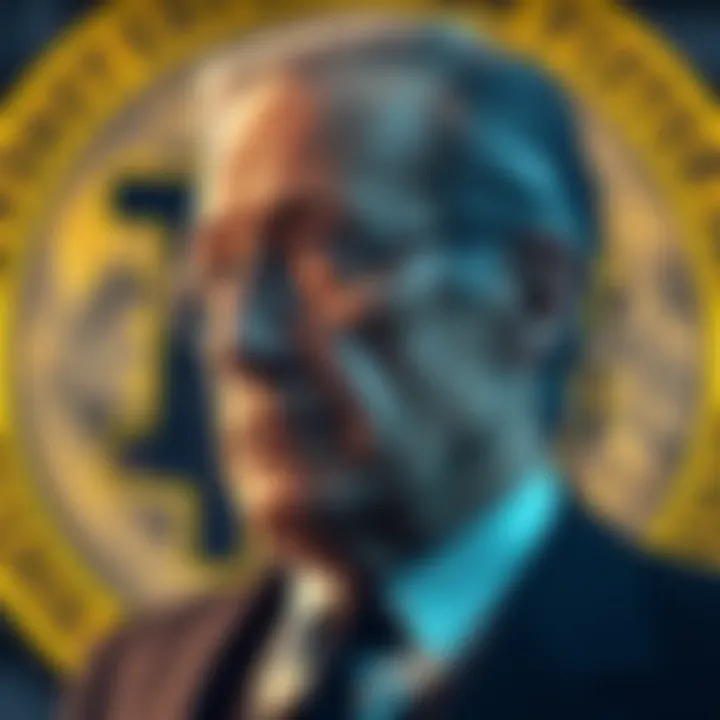 Friedrich Hayek is depicted with a Bitcoin symbol in the background, illustrating his foresight about decentralized currency.